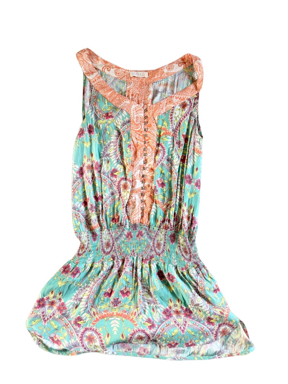 Sofia by vix silky short Boho Paisley Sleeveless Mini Dress Mint Coral Sz small